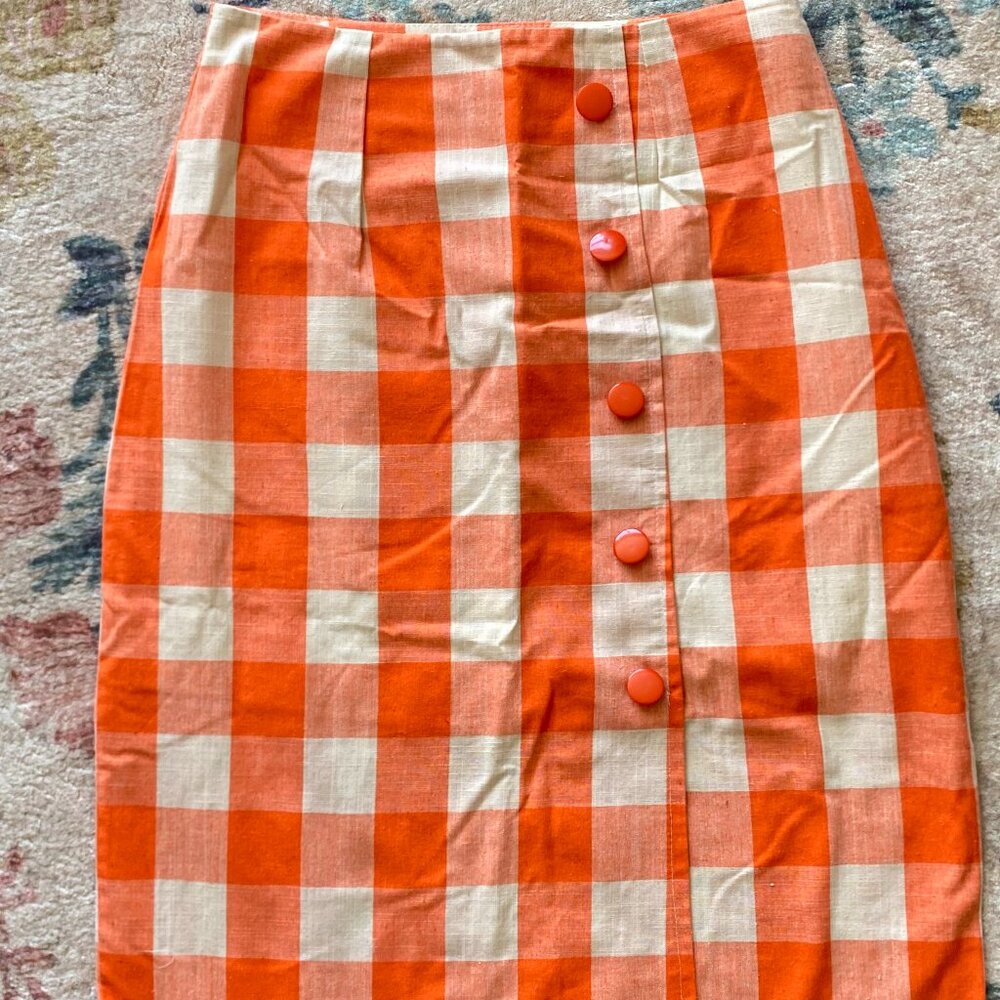 Handmade Custom Orange Gingham Midi Pencil Skirt